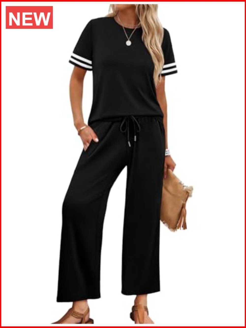 Two Piece Lounge Set Short Sleeve Top Wide Leg Pants Travel Outfits - Picture 4 of 6